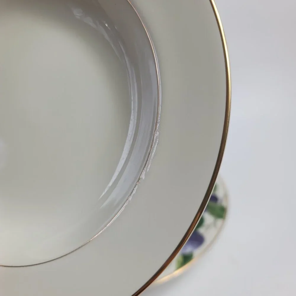 TWO Mikasa Plum L3132 Court Rim Soup Bowls White with Purple Plums Green Leaves